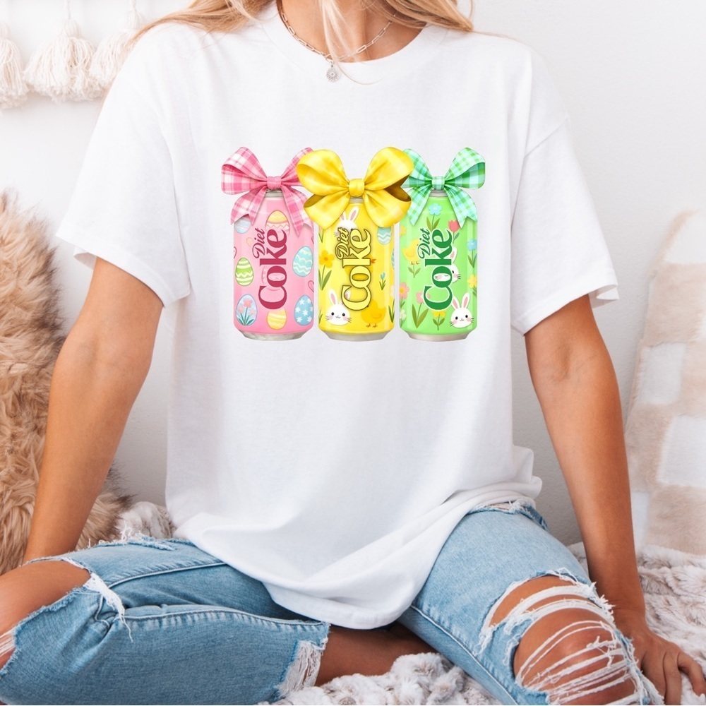 Cute Easter Diet Coke Graphic Tee Pastel Soda Bow Spring Shirt - Picture 1 of 4